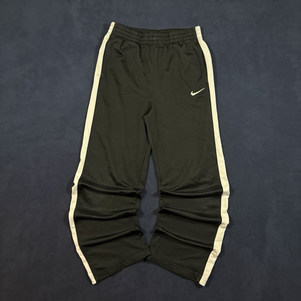 Y2K Nike Track Pants XL Black White Stripe Swoosh Baggy Wide Leg Sweatpants